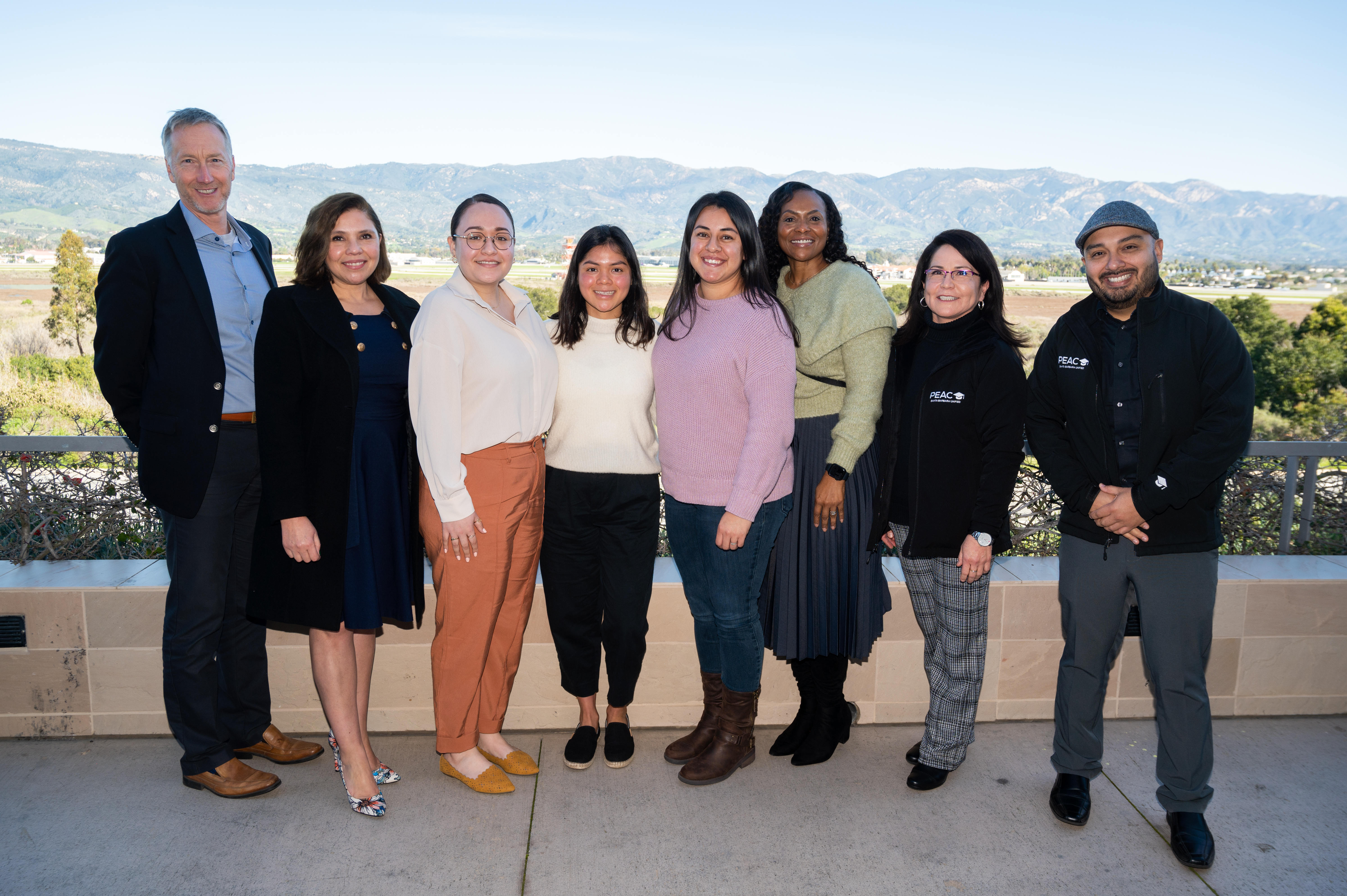 Jon Clark and Patricia Madrigal of the Bower Foundation; the three 2022-23 Community Fellows, Adriana Trujillo, Haidee Jimenez, Marissa Santizo; Lynne Sheffield, Assistant Superintendent, Secondary Education, SBUSD, Gaby Cabrera, School Counselor, SBUSD and Albert Martinez, PEAC Program Supervisor