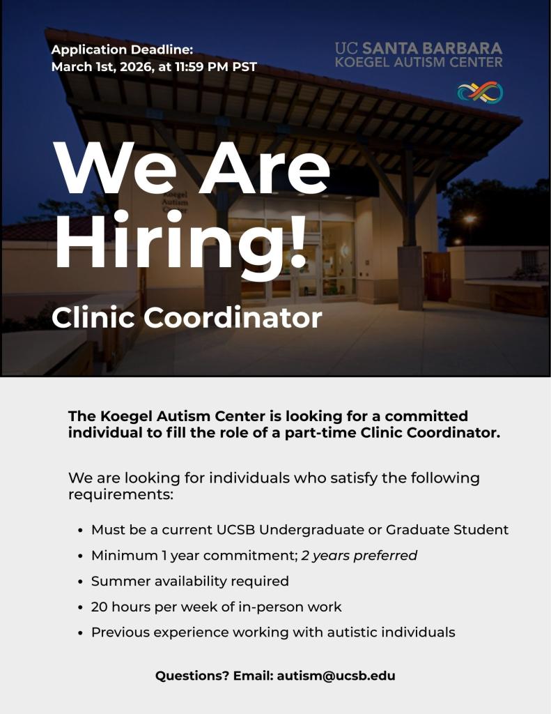 Flyer for student clinic coordinator recruitment, features the front of the Center in the background