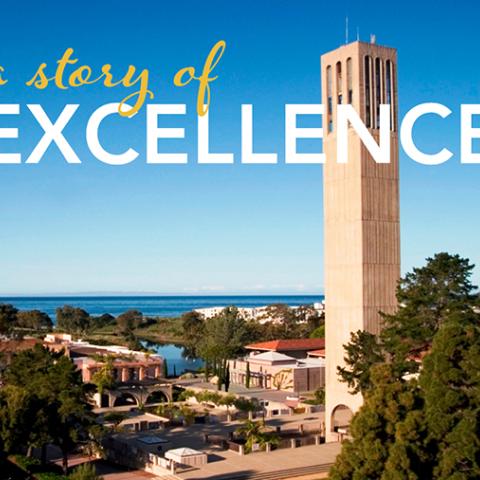 Photo of Storke Tower with the words A Story of Excellence