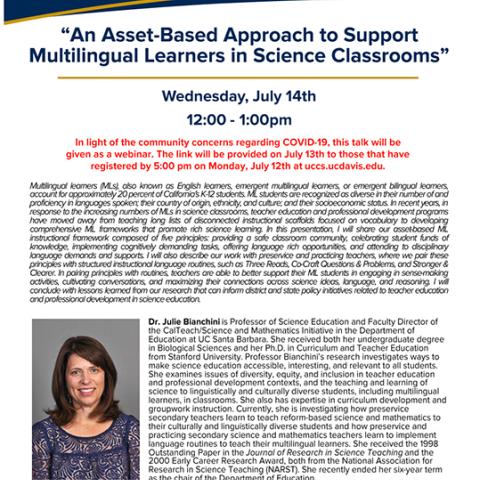 Bianchini flyer for UC Center talk on July 14