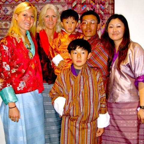 Peggy Lamb with a group while visiting Bhutan