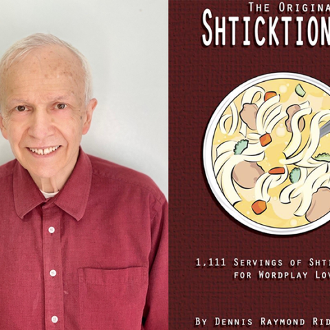Dennis Ridley and the cover of his book Shticktionary