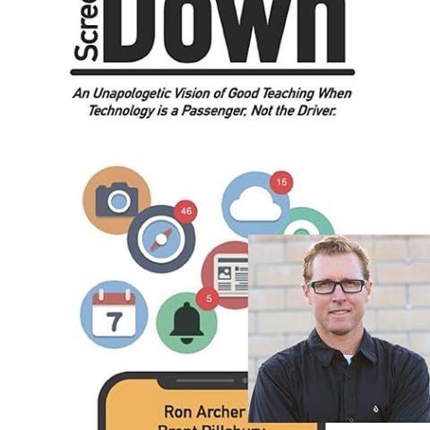 cover of book "Screens Down" with image of author Brent Pillsbury super-imposed