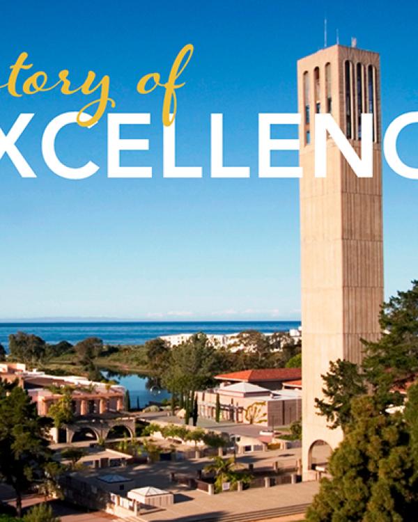 Photo of Storke Tower with the words A Story of Excellence 