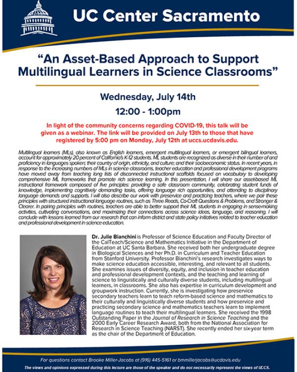 Bianchini flyer for UC Center talk on July 14