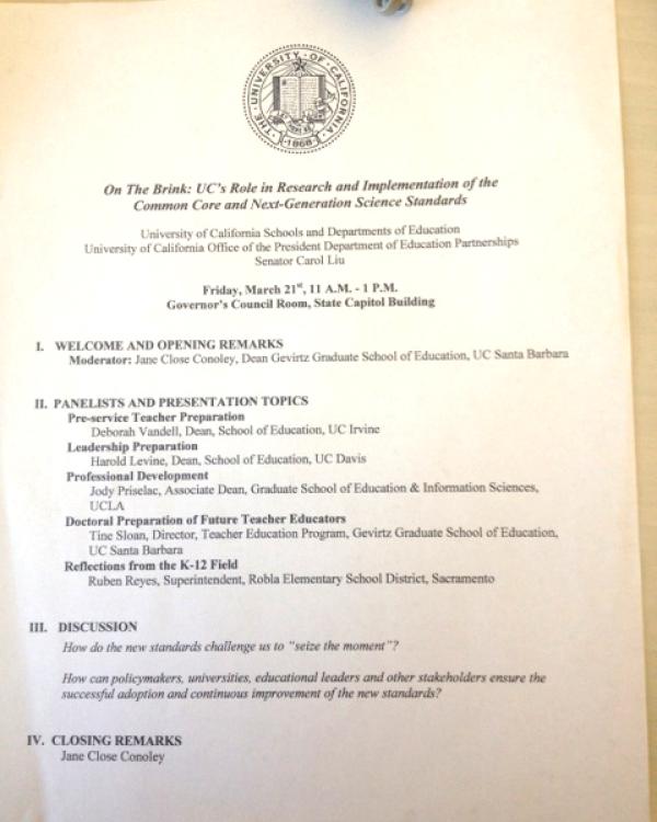 the agenda for the Sacramento briefing on UC's connection to the Common Core 