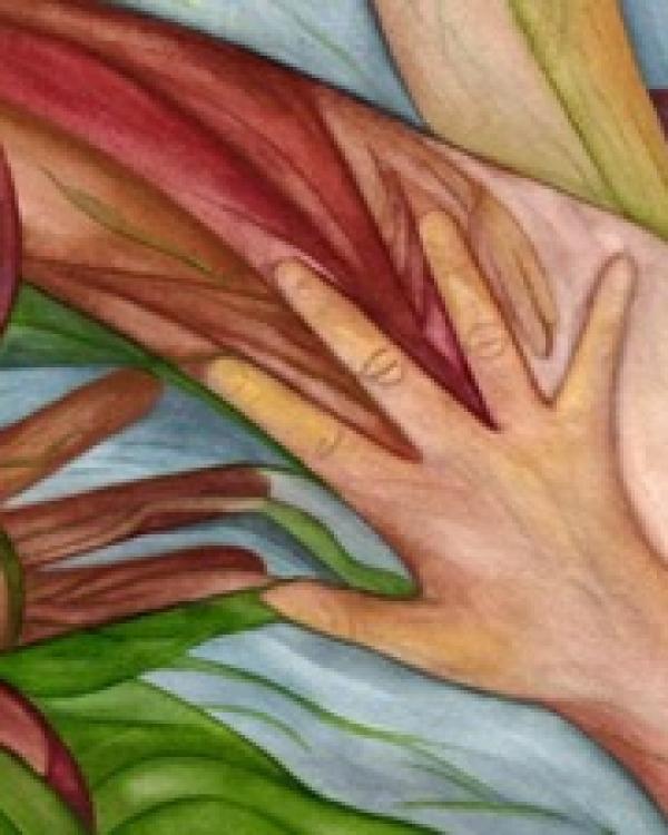 drawing of hands entwined with greenery 