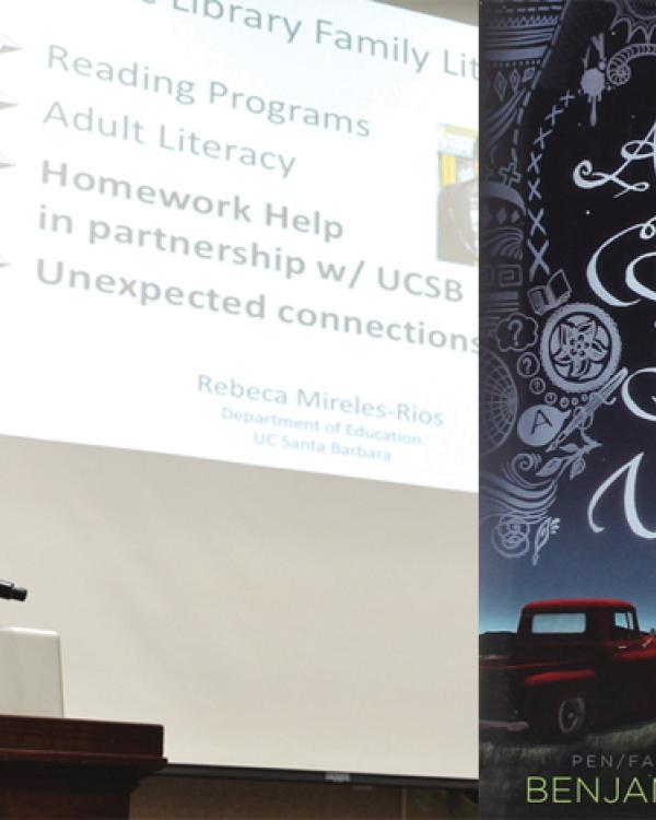 Rebeca Mireles-Rios and cover of Aristotle and Dante Discover the Secrets of the Universe  