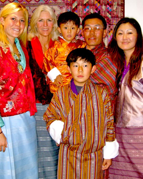 Peggy Lamb with a group while visiting Bhutan 